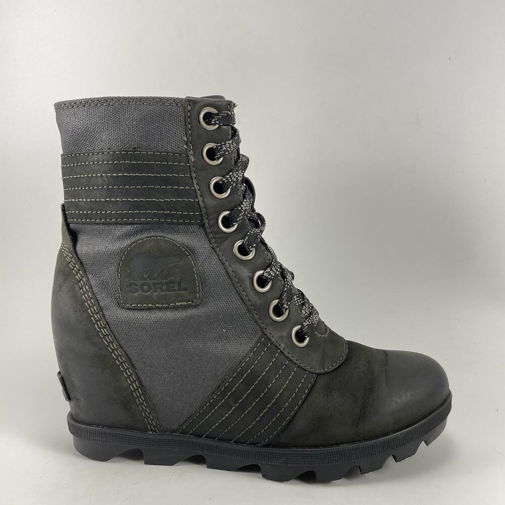 Sorel Lexie Wedge Womens Size 7 Black Leather Waterproof Lace Up Ankle Boots
